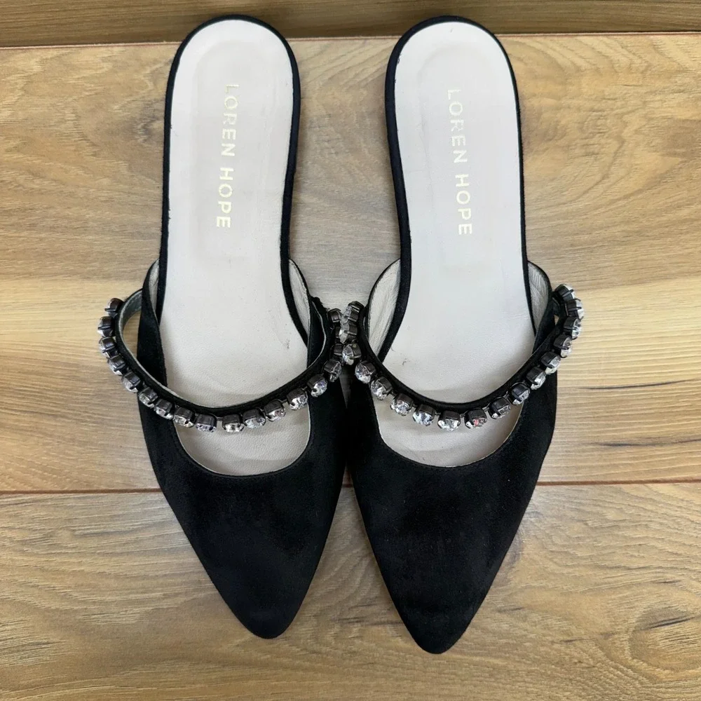 LOREN HOPE Audrey Slides Crystal 7 EU 38 Black Suede Pointed Toe Mules Flats